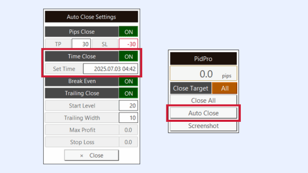 Screenshot showing PidPro's auto close by time feature