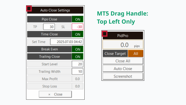Location of the panel drag handle in PidPro MT5 version