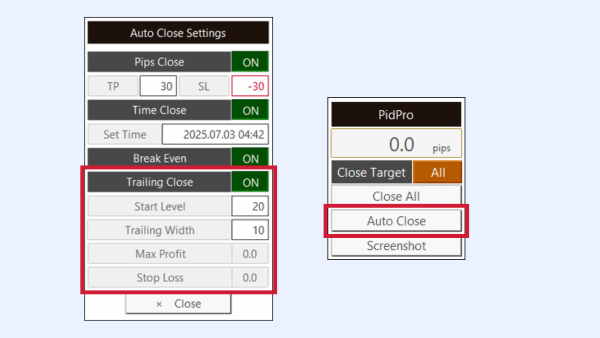 Screenshot showing PidPro's Trailing Close feature
