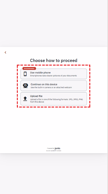 XM identity document selection screen - National ID Card, Passport, Driver's License