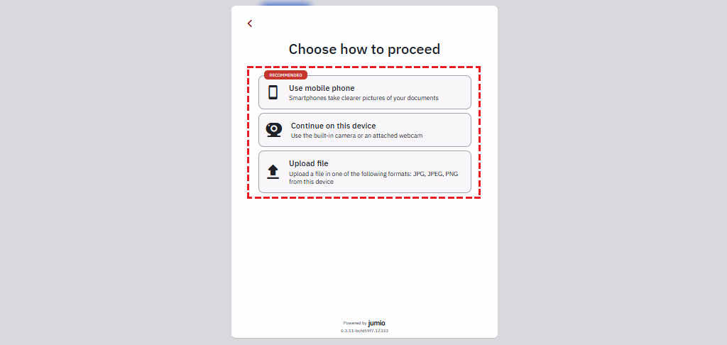 XM identity document selection screen - National ID Card, Passport, Driver's License