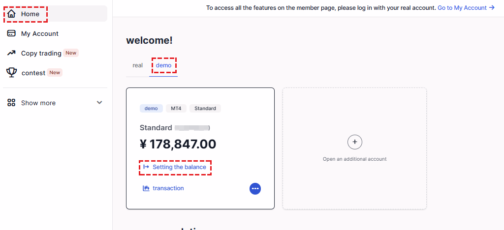 XM Member Area Account Overview showing the Set Balance button for demo account adjustment