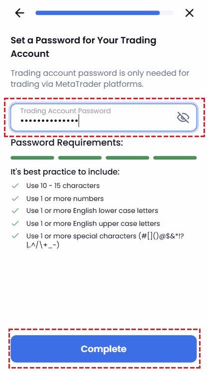 Password setting screen for an additional XM trading account