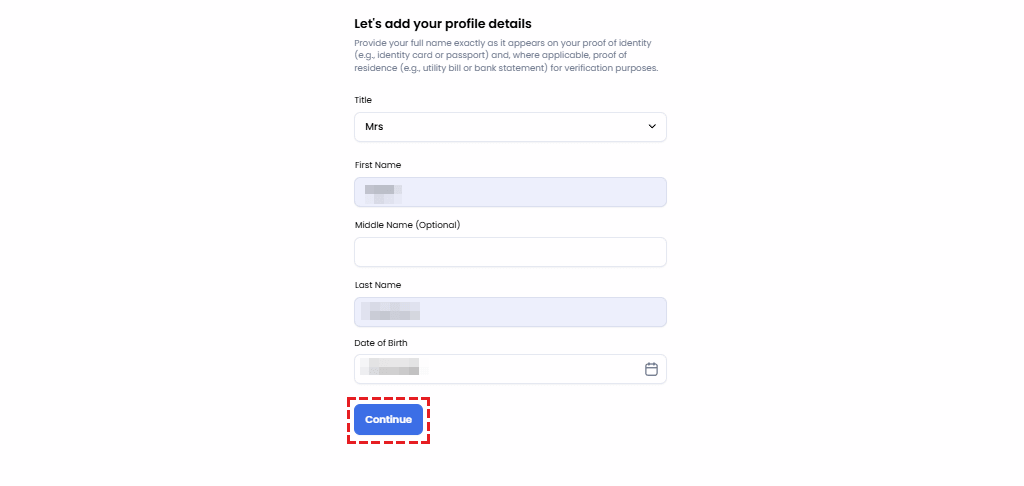 XM identity verification profile form - name and date of birth fields