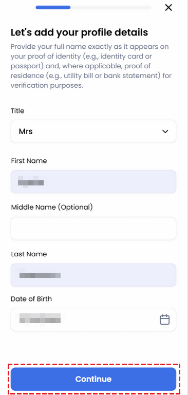 XM identity verification profile form - name and date of birth fields