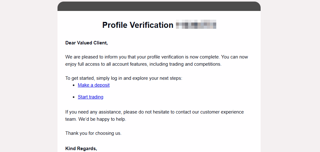 XM identity verification completion email content and next step instructions
