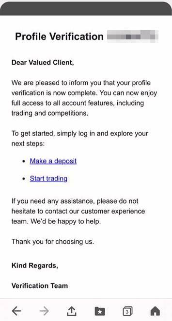 XM identity verification completion email content and next step instructions