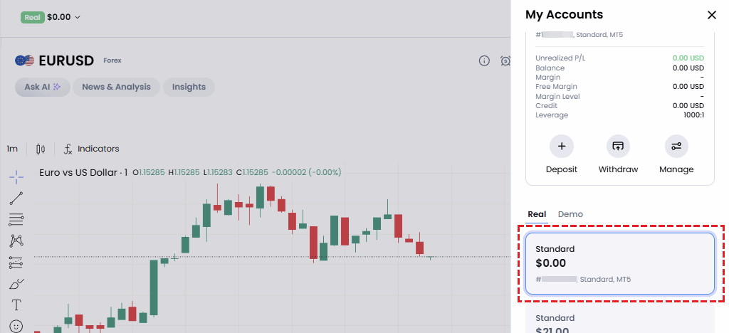 XM platform displaying a successfully created additional trading account in the My Accounts section on the right