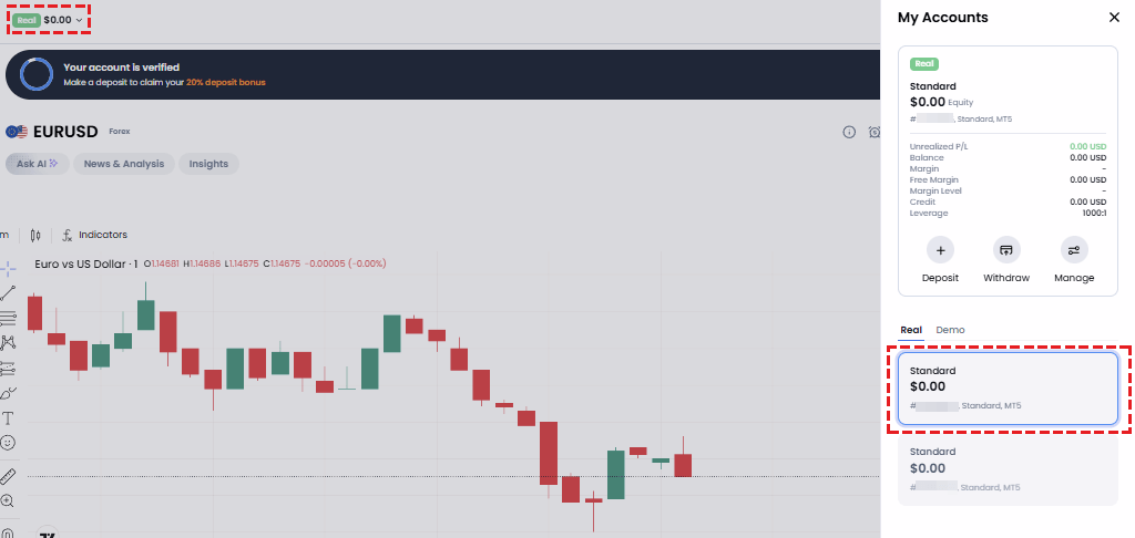 XM platform showing the newly created additional trading account in the My Accounts section on the right