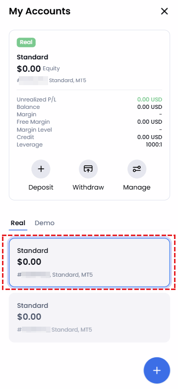 XM platform showing the newly created additional trading account in the My Accounts section on the right