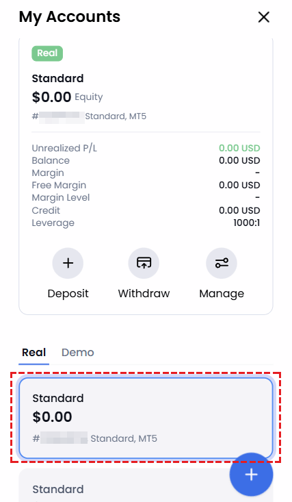 XM platform displaying a successfully created additional trading account in the My Accounts section on the right