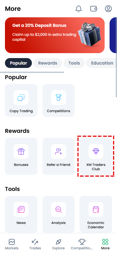 Opening XM Traders Club from the XM Members Area menu