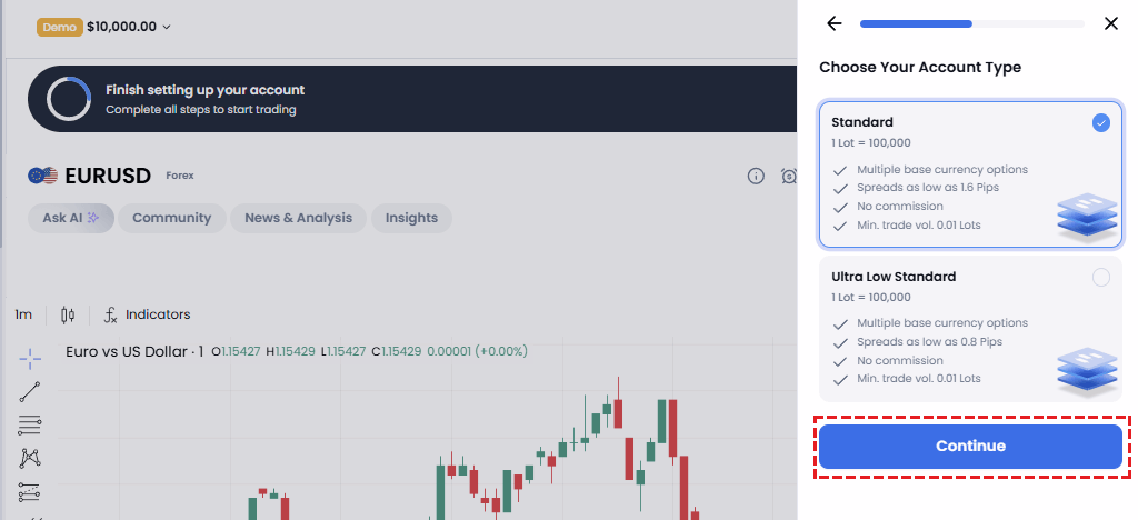XM demo account type selection screen showing Standard and Ultra Low account options with spread comparison