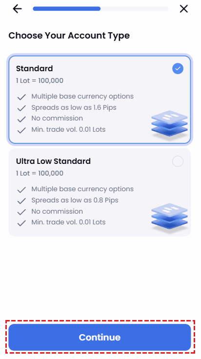 XM demo account type selection screen — Standard vs Ultra Low account comparison (mobile)