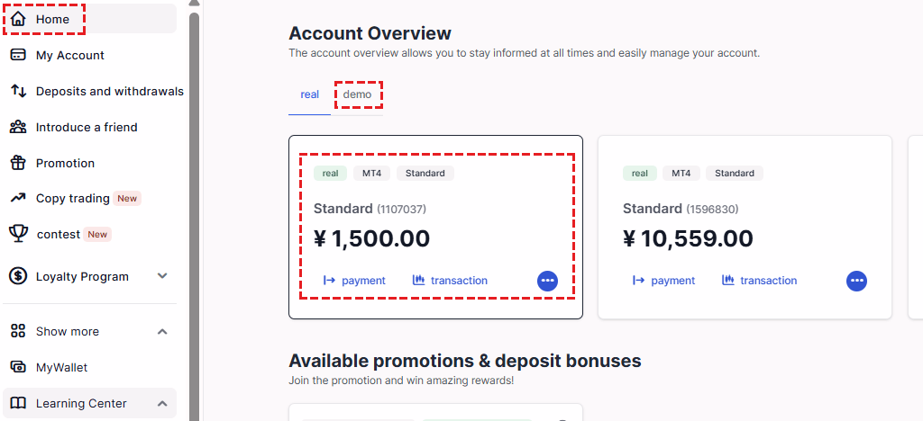 XM Member Area Home page displaying updated demo account balance after reset