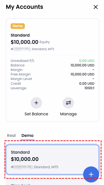 XM demo account successfully created, showing account details and balance (mobile)