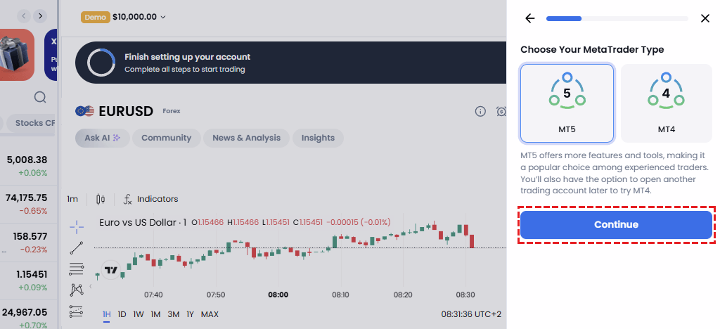 XM account opening screen showing the MT4 and MT5 trading platform selection options