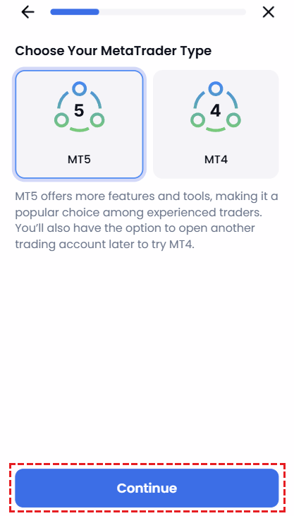 XM account opening screen showing the MT4 and MT5 trading platform selection options