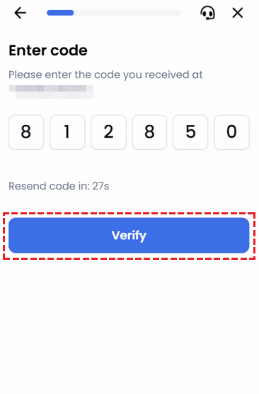 Screen for entering the 6-digit OTP to verify your phone number with XM