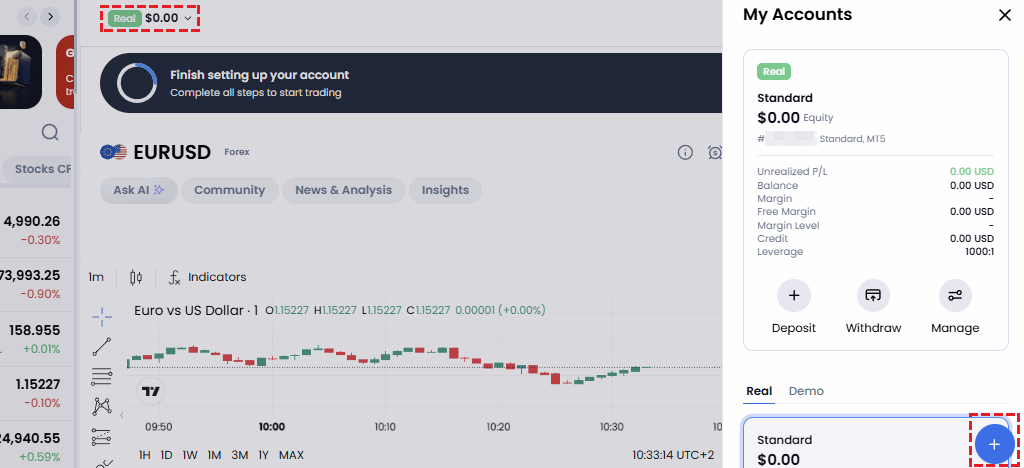 XM trading platform screen displaying existing accounts with the blue circle button to open a new additional account in the lower right corner