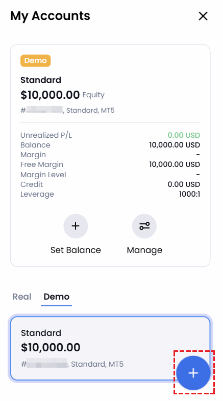 XM demo account opening process — account type selection screen (mobile view)