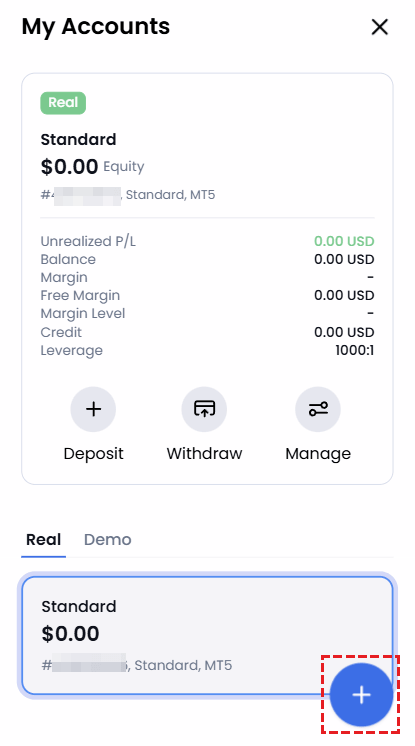 XM Members Area on mobile showing existing accounts with the blue circle button to open a new additional account in the lower right corner