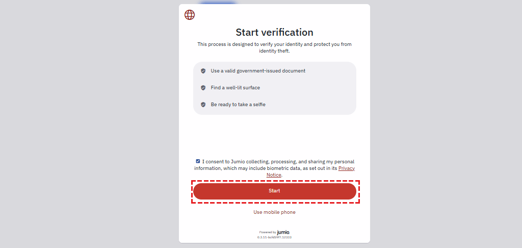 XM identity verification consent screen (Shufti Pro) with confirmation checkbox