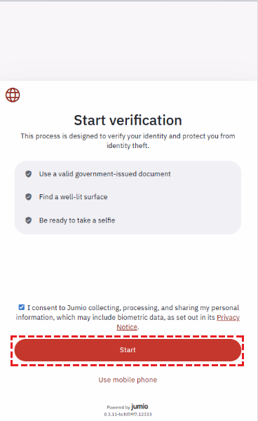 XM identity verification consent screen (Shufti Pro) with confirmation checkbox