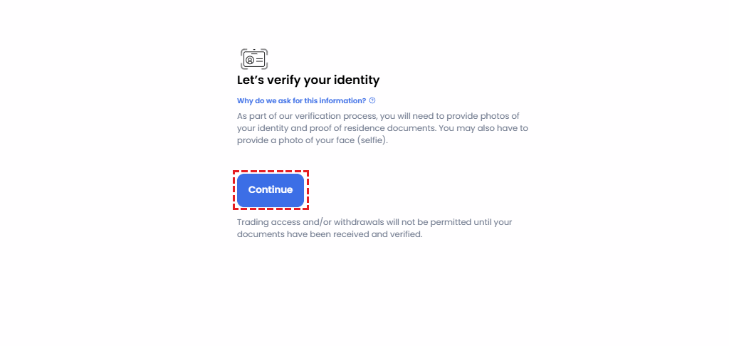 Location and usage of the Start Identity Verification button for submitting XM identity documents