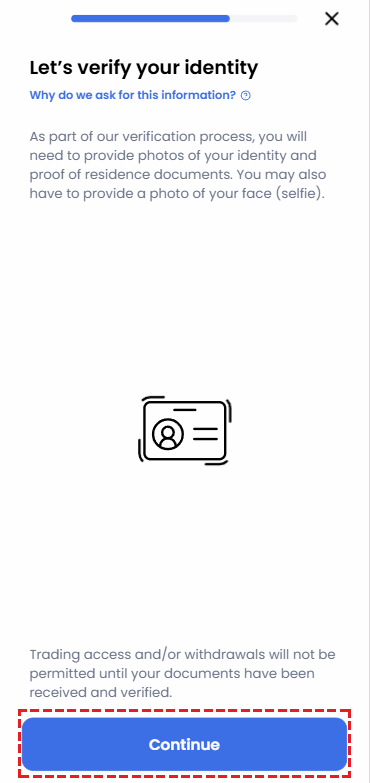 Location and usage of the Start Identity Verification button for submitting XM identity documents