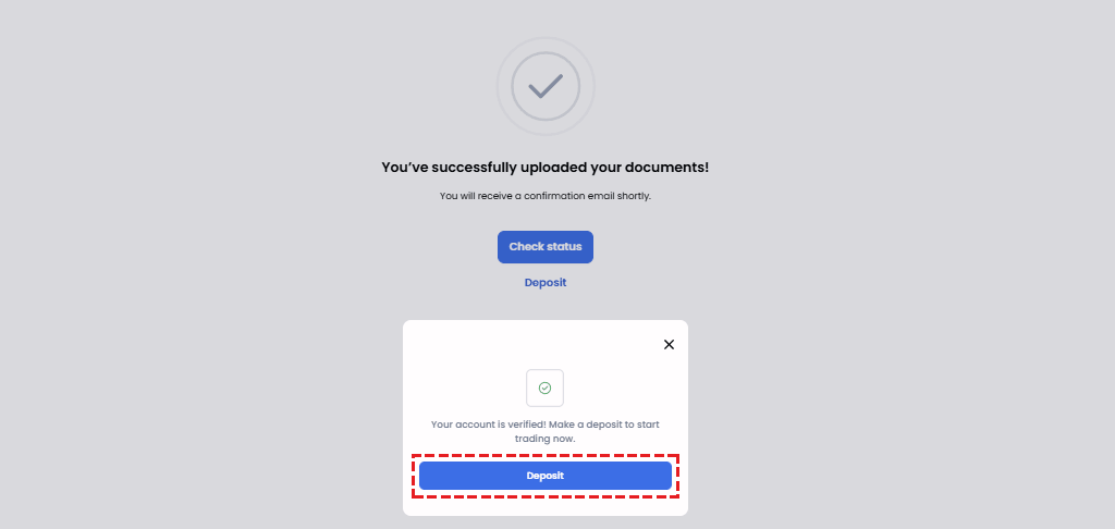 XM identity verification success screen after document upload, with a checkmark icon and Check Status button