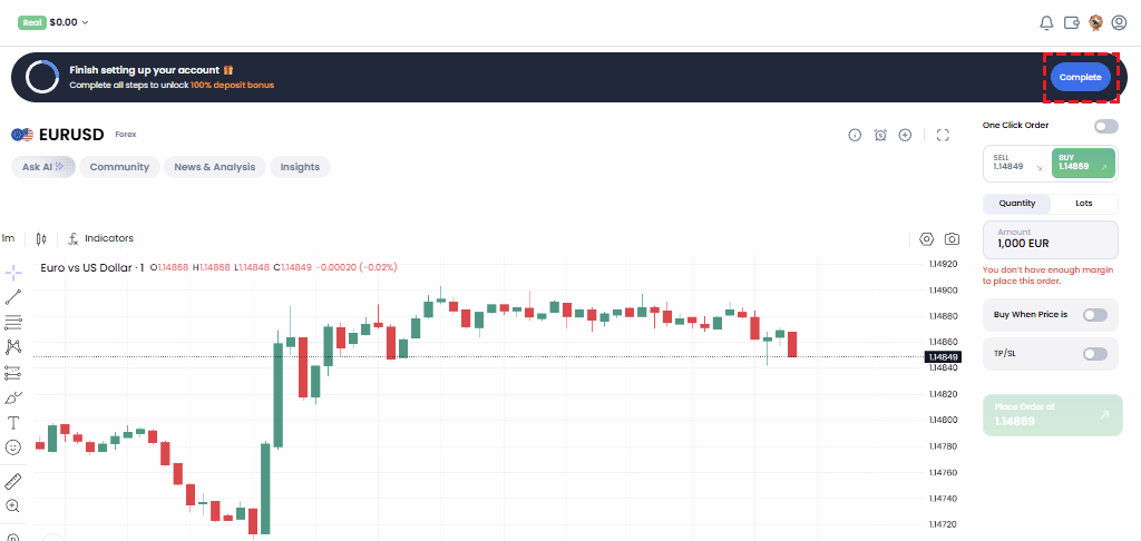 XM trading screen showing the location of the Complete button for identity verification in the top right corner