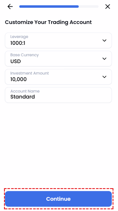 XM demo account settings screen showing leverage selection, base currency, starting balance, and account type (mobile)