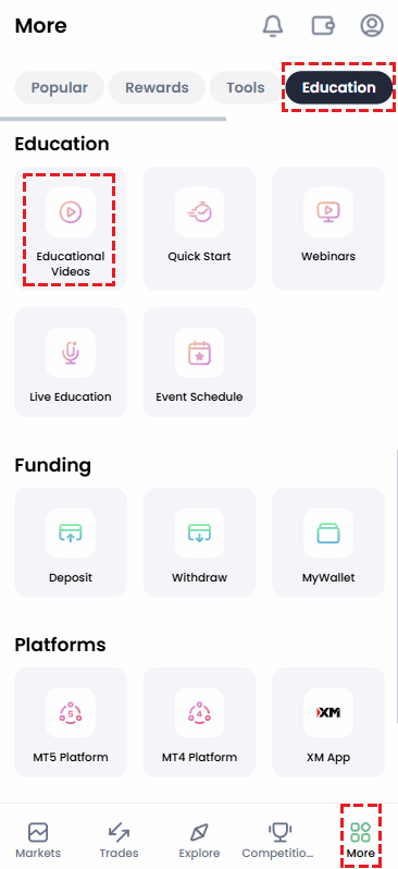 How to access XM's video education course via the Education menu in the Members Area