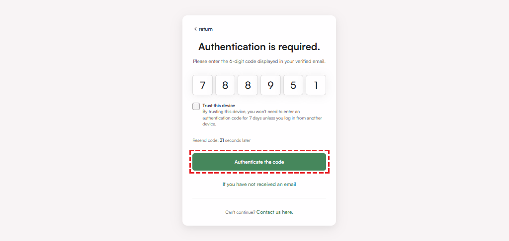 XM OTP verification screen - enter the 6-digit code received by email