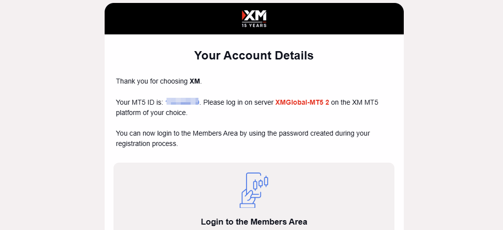 Email confirmation screen showing XM MT5 account details and login credentials