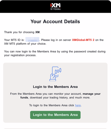 Email confirmation screen showing XM MT5 account details and login credentials