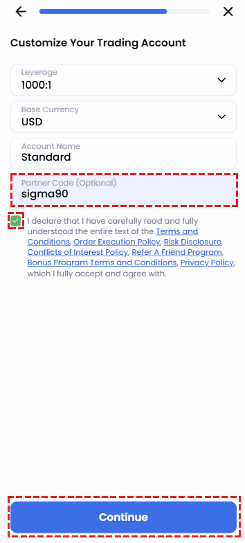 Guide for entering XM partner code "sigma90"