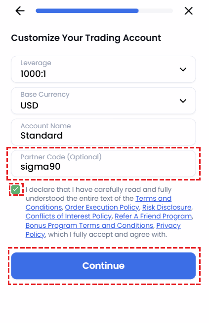 Guide for entering XM partner code 'sigma90'