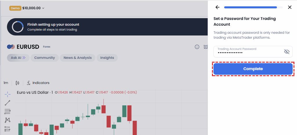 XM demo account trading password creation screen