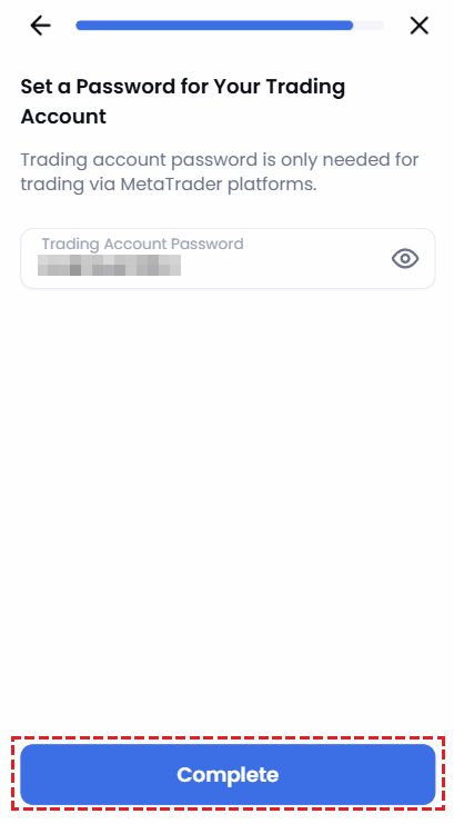 XM demo account trading password creation screen (mobile)