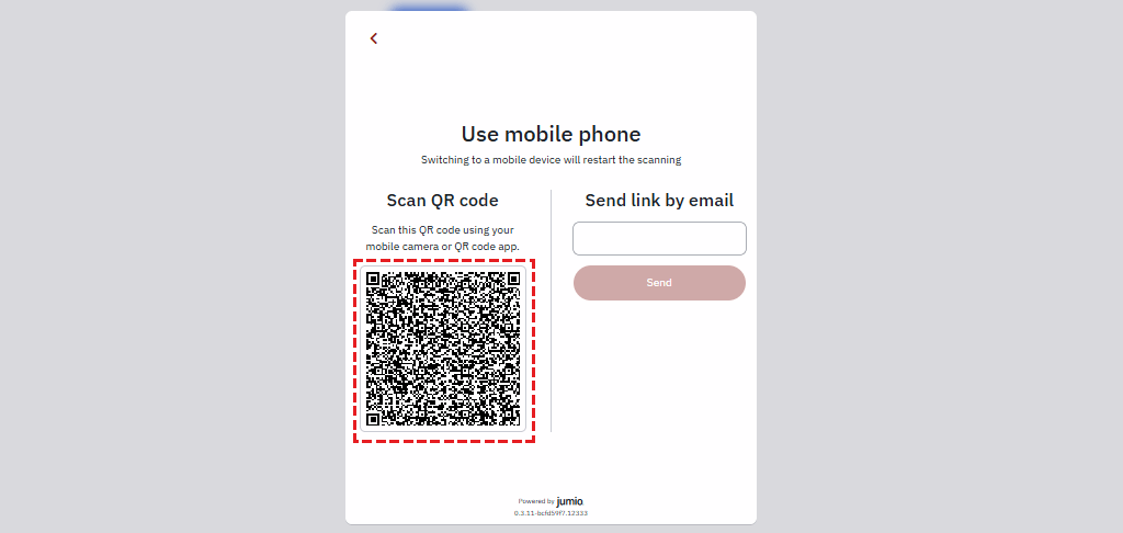 XM identity verification QR Code screen via Shufti Pro with a URL to connect via smartphone for document submission