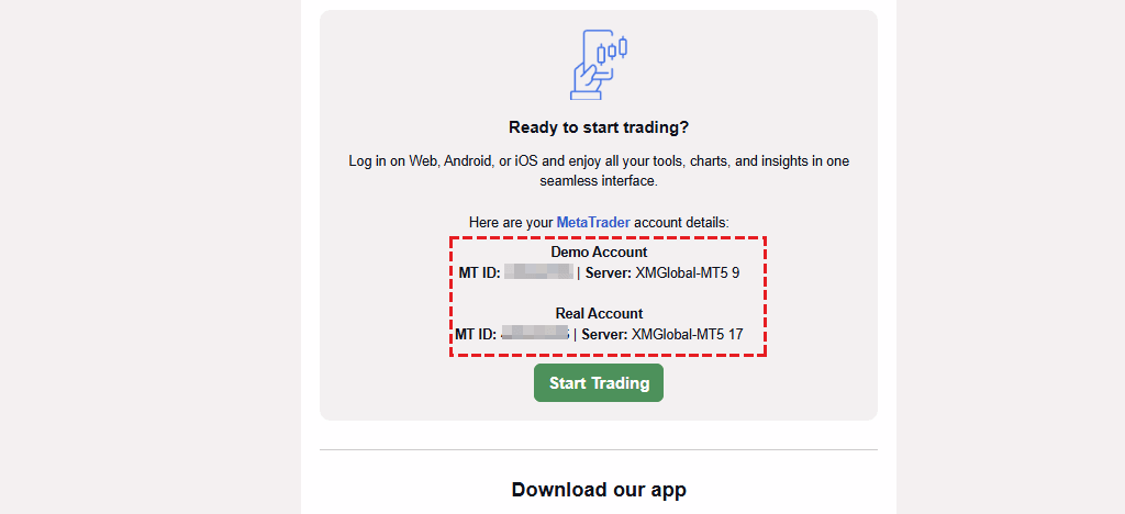 XM registration completion email displaying trading account ID for demo and live accounts