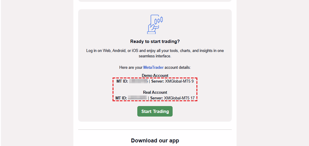 XM registration completion email showing account opening details