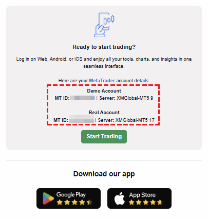 XM registration completion email displaying trading account ID for demo and live accounts (mobile)