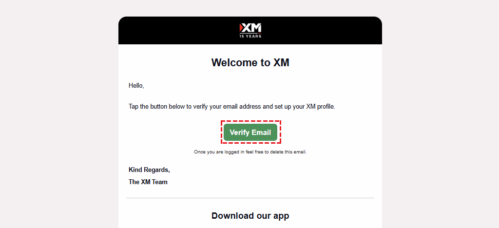 XM registration email verification screen showing the verify button location