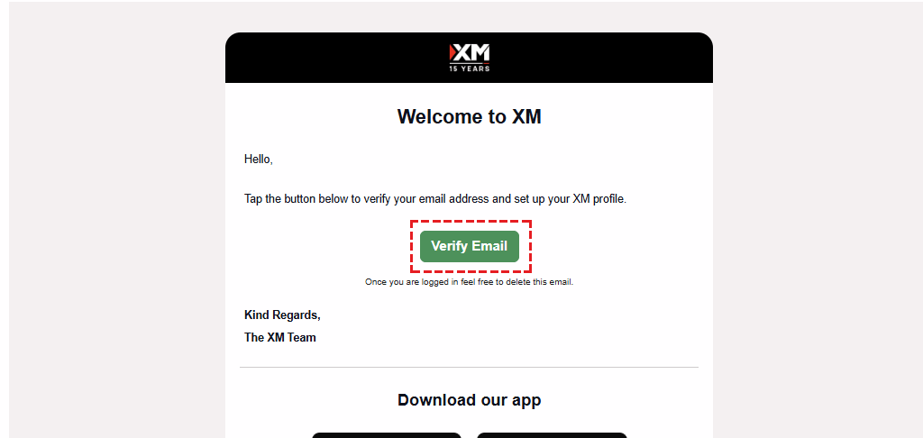 XM registration confirmation email with a Verify Your Email button