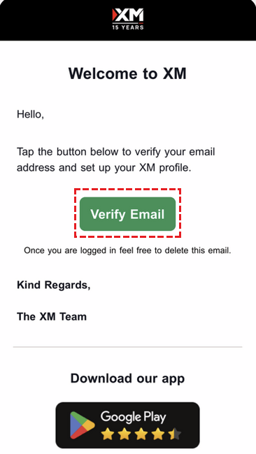 XM registration confirmation email with a Verify Your Email button