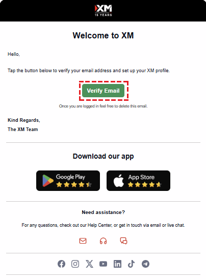 XM registration email verification screen showing the verify button location (mobile)