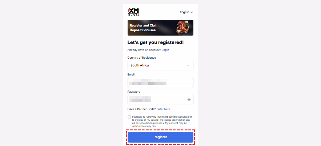 XM member registration form — email and password entry screen